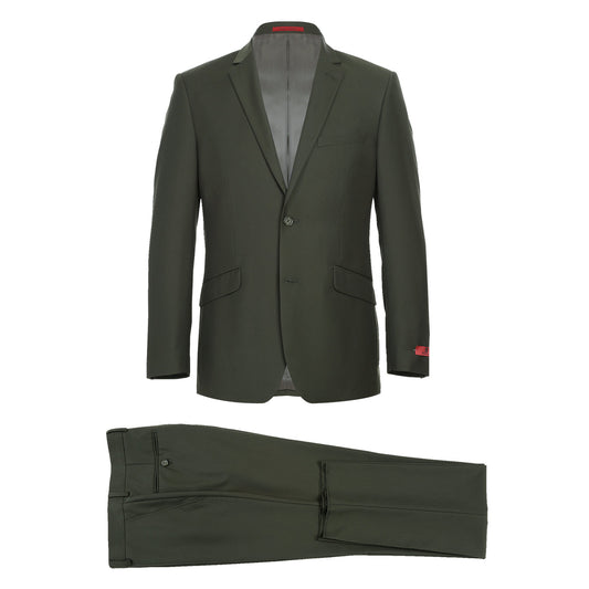 The Alessandro Vitello by Renoir 2-Piece Slim Fit Single Breasted Notch Lapel Olive Suit 201-10 is shown, featuring a slim-fit, single-breasted blazer with matching trousers set against a white background.