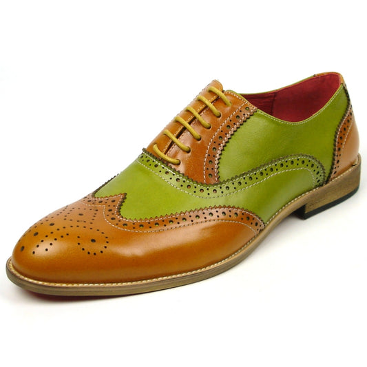 The FI-7400 Brown Green Wing Tip Lace Up from Fiesso features tan and green leather panels, decorative brogue detailing, brown laces, and a light brown sole.