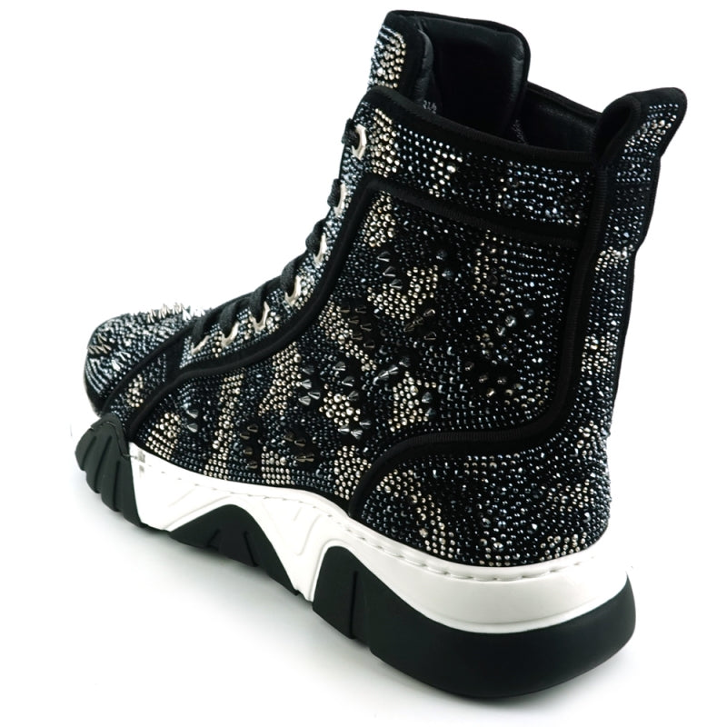 The FI-2412 Black Suede Rhinestones Spikes Encore by Fiesso is a high-top sneaker boot featuring a black suede upper with intricate studded embellishments. It boasts a thick white and black sole and comes with a cushioned insole for both style and comfort.