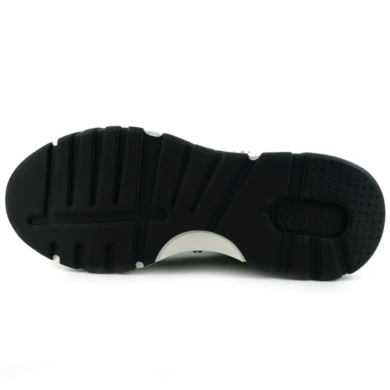 Introducing the FI-2412 Black Suede Rhinestones Spikes Encore by Fiesso, a high-top sneaker featuring a luxurious suede upper embellished with silver spikes, rhinestones, and detailed designs. It boasts a chunky white sole and a cushioned insole for enhanced comfort.