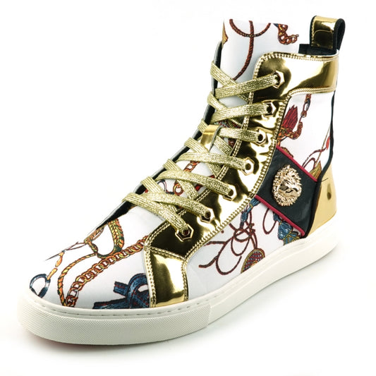 The FI-2421 White High Top Sneaker Encore by Fiesso features a sleek black sole, metallic gold accents, multicolored embroidered patterns, and a bold gold lion emblem on the side.