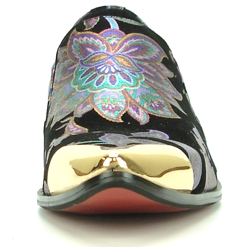The FI-7133 Black Floral Metal Tip loafer by Fiesso features a metallic pointed toe and low heel, adorned with a vibrant pattern on a black background. This stylish shoe also includes a cushioned insole for enhanced comfort.