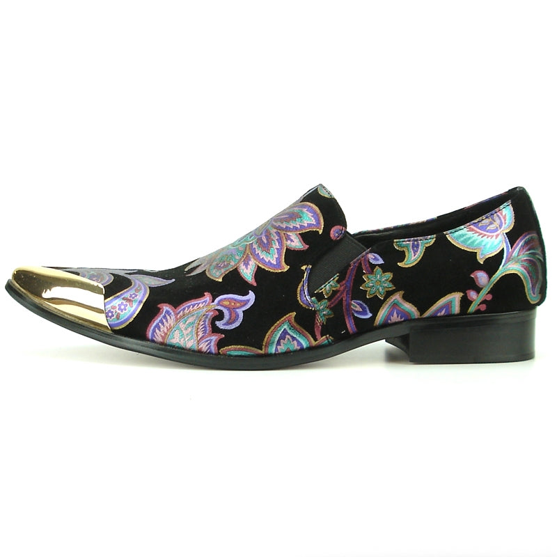 The FI-7133 Black Floral Metal Tip loafer by Fiesso features a metallic pointed toe and low heel, adorned with a vibrant pattern on a black background. This stylish shoe also includes a cushioned insole for enhanced comfort.
