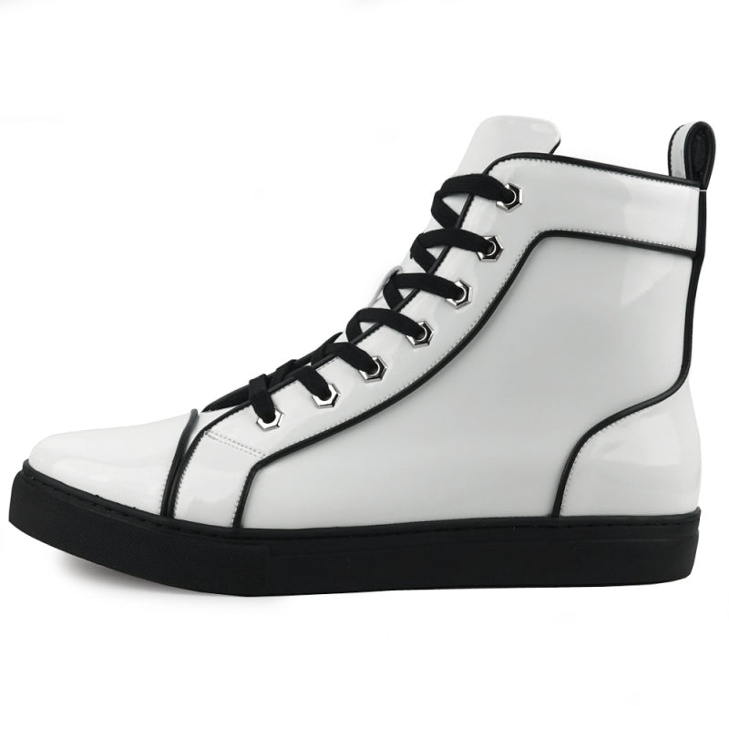 The FI-2416 White Patent Leather High Top Sneaker by Fiesso showcases a side view with black laces, a black sole, and a cushioned insole for enhanced comfort.