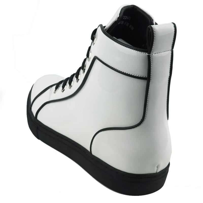 The FI-2416 White Patent Leather High Top Sneaker by Fiesso showcases a sleek design with a pristine white high-top silhouette, complemented by stylish black laces and a contrasting black sole. Made from patent leather, these sneakers seamlessly combine fashion and comfort for any occasion.