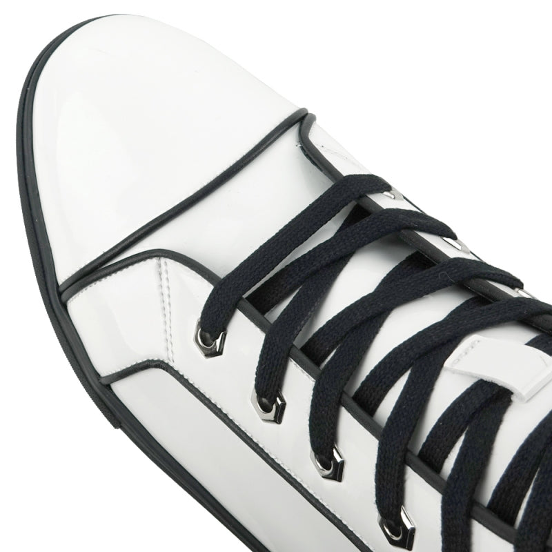The FI-2416 White Patent Leather High Top Sneaker by Fiesso showcases a side view with black laces, a black sole, and a cushioned insole for enhanced comfort.