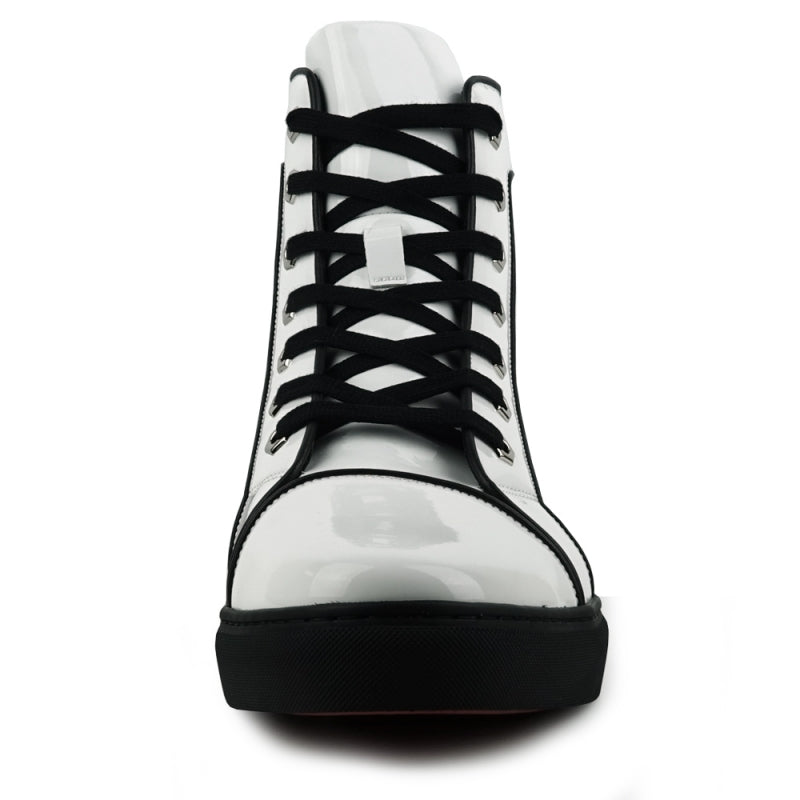 The FI-2416 White Patent Leather High Top Sneaker by Fiesso showcases a side view with black laces, a black sole, and a cushioned insole for enhanced comfort.