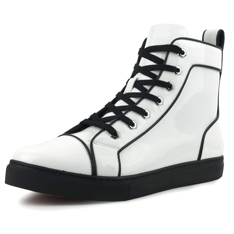 The FI-2416 White Patent Leather High Top Sneaker by Fiesso showcases a sleek design with a pristine white high-top silhouette, complemented by stylish black laces and a contrasting black sole. Made from patent leather, these sneakers seamlessly combine fashion and comfort for any occasion.