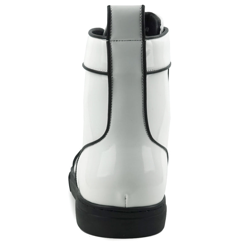 The FI-2416 White Patent Leather High Top Sneaker by Fiesso showcases a sleek design with a pristine white high-top silhouette, complemented by stylish black laces and a contrasting black sole. Made from patent leather, these sneakers seamlessly combine fashion and comfort for any occasion.