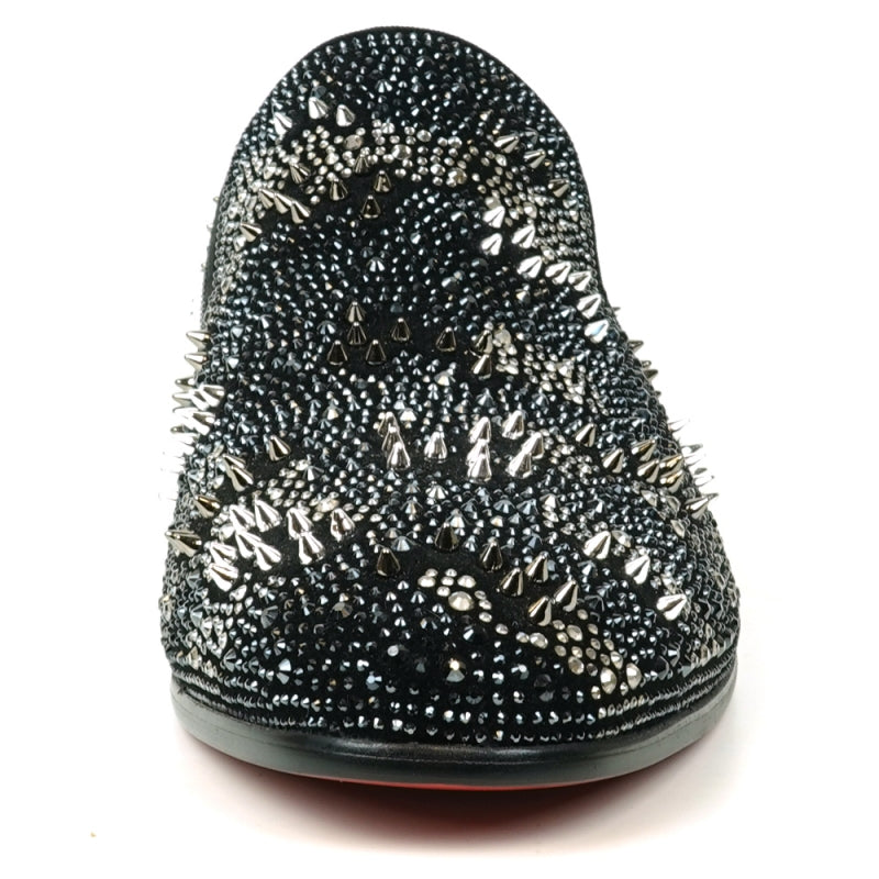 The FI-7516 Black Silver Suede Rhinestones Spikes Slip-On Loafer from Fiesso by Aurelio Garcia features a white polka dot pattern and small rhinestone spikes, complemented by a striking red interior lining. Ideal for those looking for high-fashion men's dress shoes with a unique twist.