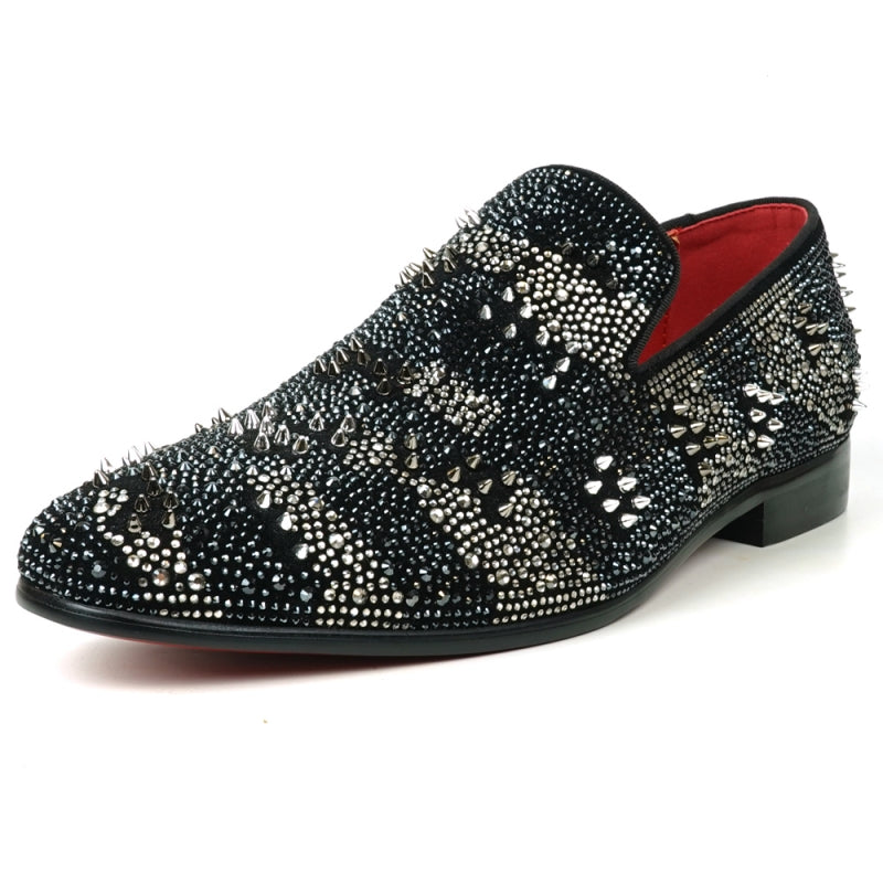 The FI-7516 Black Silver Suede Rhinestones Spikes Slip-On Loafer from Fiesso by Aurelio Garcia features a white polka dot pattern and small rhinestone spikes, complemented by a striking red interior lining. Ideal for those looking for high-fashion men's dress shoes with a unique twist.
