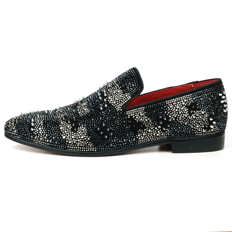 The FI-7516 Black Silver Suede Rhinestones Spikes Slip-On Loafer from Fiesso by Aurelio Garcia features a white polka dot pattern and small rhinestone spikes, complemented by a striking red interior lining. Ideal for those looking for high-fashion men's dress shoes with a unique twist.