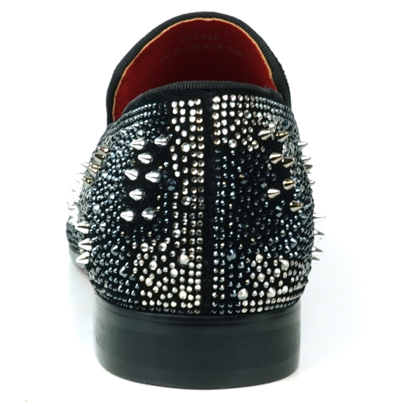 The FI-7516 Black Silver Suede Rhinestones Spikes Slip-On Loafer from Fiesso by Aurelio Garcia features a white polka dot pattern and small rhinestone spikes, complemented by a striking red interior lining. Ideal for those looking for high-fashion men's dress shoes with a unique twist.