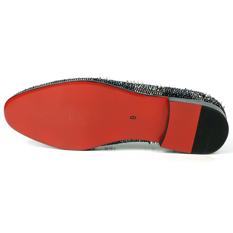 The FI-7516 Black Silver Suede Rhinestones Spikes Slip-On Loafer from Fiesso by Aurelio Garcia features a white polka dot pattern and small rhinestone spikes, complemented by a striking red interior lining. Ideal for those looking for high-fashion men's dress shoes with a unique twist.