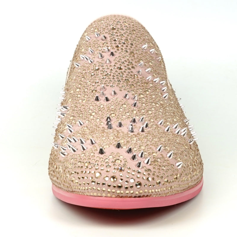 The FI-7516 Pink Suede Rhinestones Spikes Slip on Loafer Fiesso by Aurelio Garcia is a single pink suede loafer embellished with sparkling rhinestones and small spikes, and it features a red interior and sole.