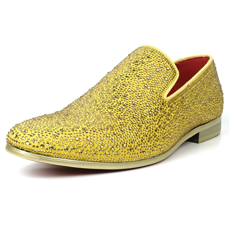 The FI-7525 Gold Suede Slip-on Loafer by Fiesso is a dazzling masterpiece, adorned with gold rhinestones and featuring a bold red interior lining.