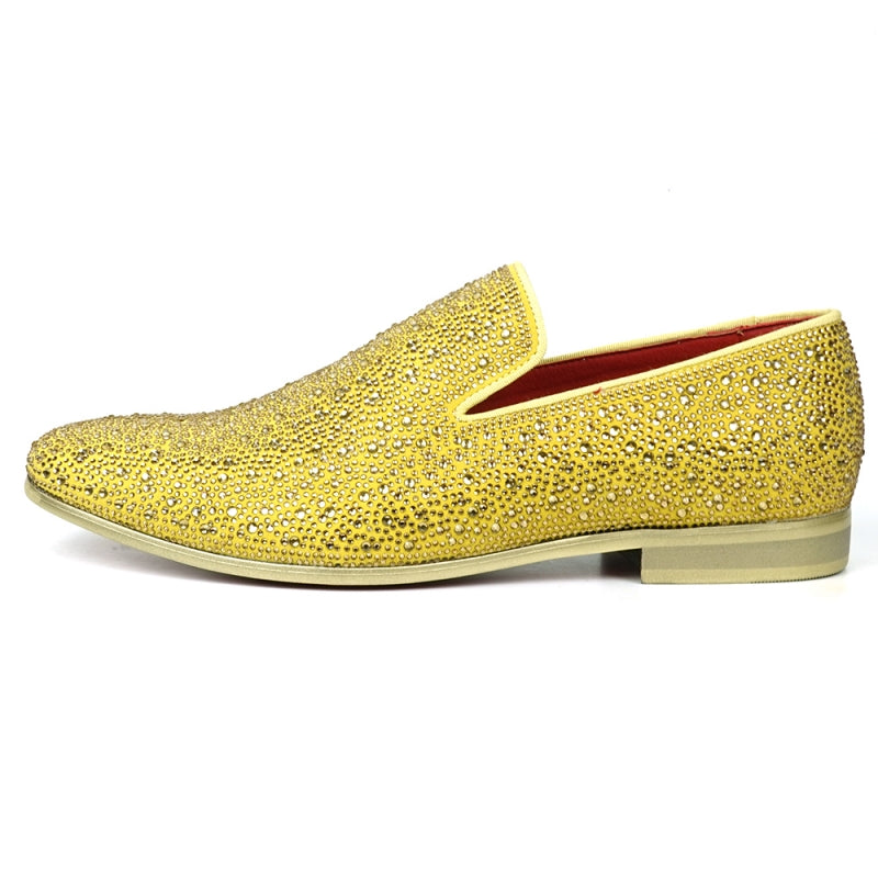 The FI-7525 Gold Suede Slip-on Loafer by Fiesso is a dazzling masterpiece, adorned with gold rhinestones and featuring a bold red interior lining.