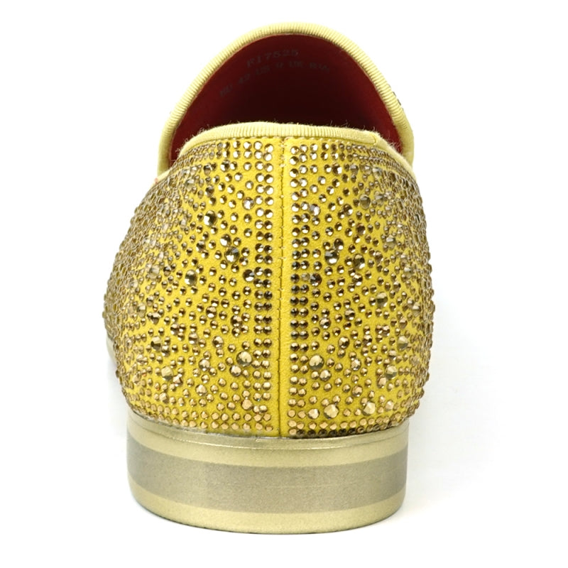 The FI-7525 Gold Suede Slip-on Loafer by Fiesso is a dazzling masterpiece, adorned with gold rhinestones and featuring a bold red interior lining.