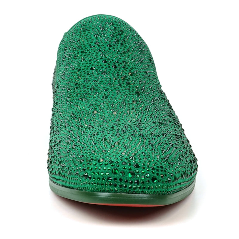 The FI-7525 Slip on Loafer by Fiesso, crafted from green suede and decorated with small sparkling rhinestones, boasts a striking red interior lining.