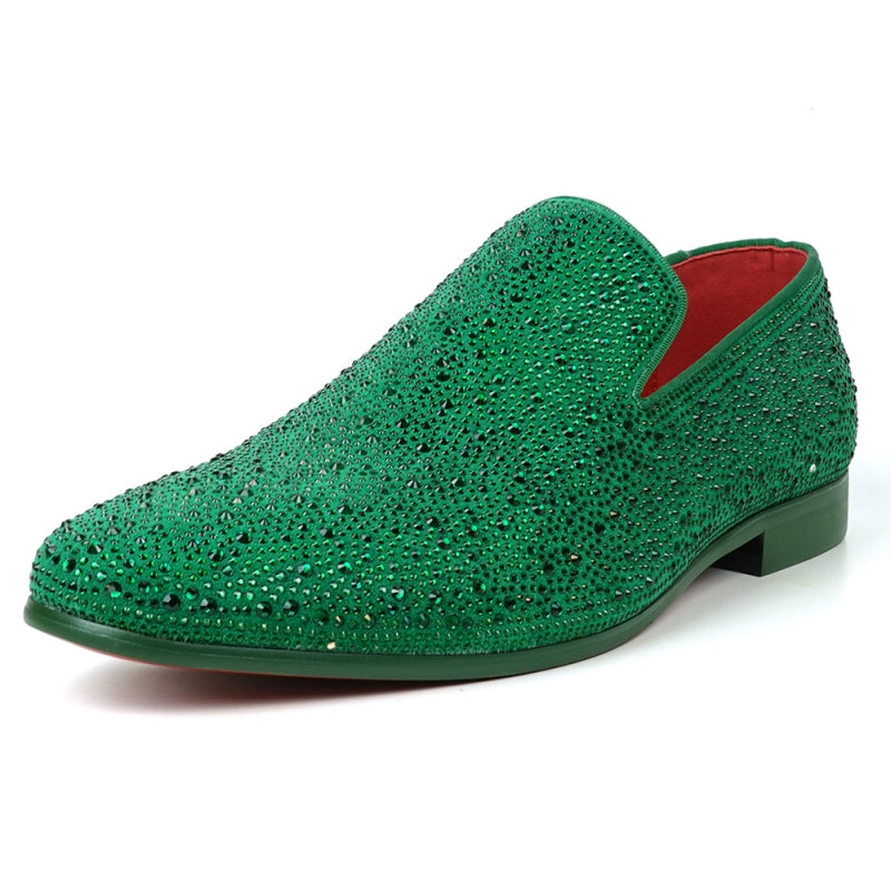 The FI-7525 Slip on Loafer by Fiesso, crafted from green suede and decorated with small sparkling rhinestones, boasts a striking red interior lining.