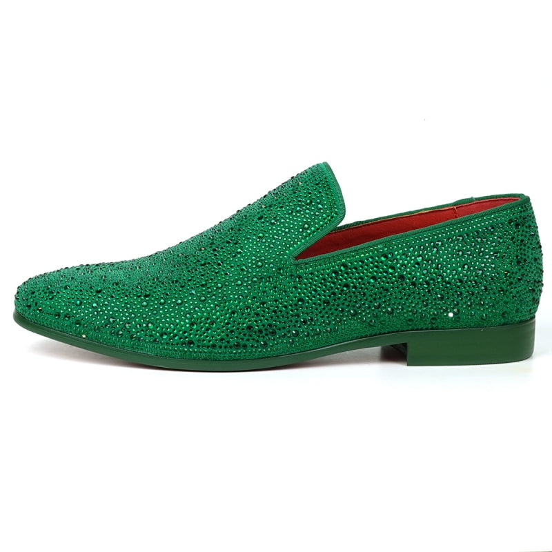 The FI-7525 Slip on Loafer by Fiesso, crafted from green suede and decorated with small sparkling rhinestones, boasts a striking red interior lining.