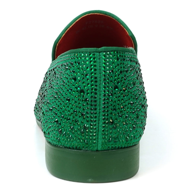 The FI-7525 Slip on Loafer by Fiesso, crafted from green suede and decorated with small sparkling rhinestones, boasts a striking red interior lining.