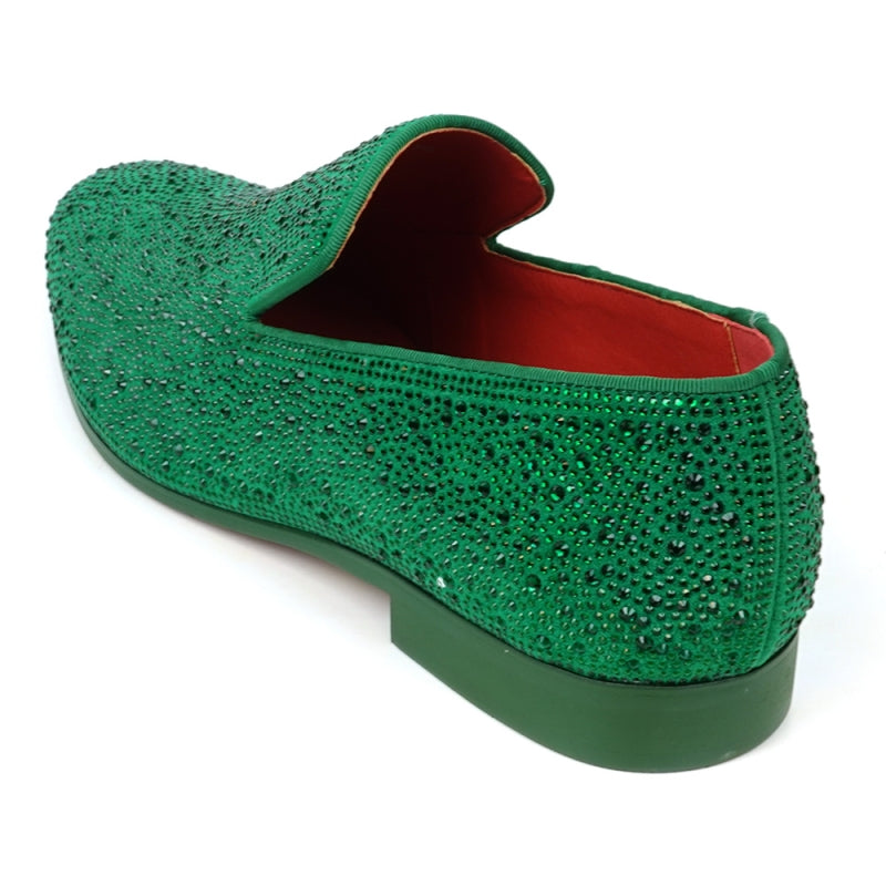 The FI-7525 Slip on Loafer by Fiesso, crafted from green suede and decorated with small sparkling rhinestones, boasts a striking red interior lining.