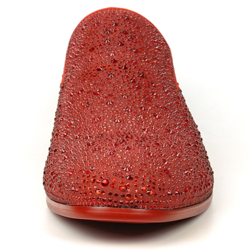 The FI-7525 Red Suede Red Rhinestones Slip-on Loafer by Fiesso is elegantly embellished with shiny rhinestones, making it perfect for adding a touch of sparkle.