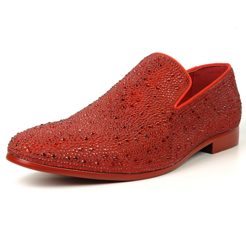 The FI-7525 Red Suede Red Rhinestones Slip-on Loafer by Fiesso is elegantly embellished with shiny rhinestones, making it perfect for adding a touch of sparkle.