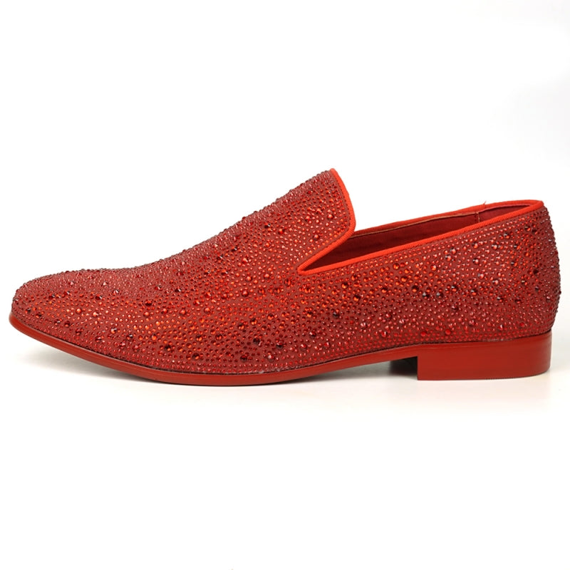 The FI-7525 Red Suede Red Rhinestones Slip-on Loafer by Fiesso is elegantly embellished with shiny rhinestones, making it perfect for adding a touch of sparkle.