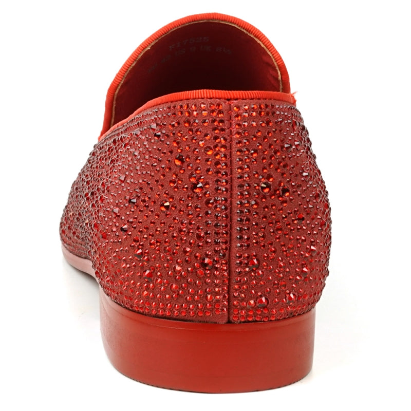The FI-7525 Red Suede Red Rhinestones Slip-on Loafer by Fiesso is elegantly embellished with shiny rhinestones, making it perfect for adding a touch of sparkle.