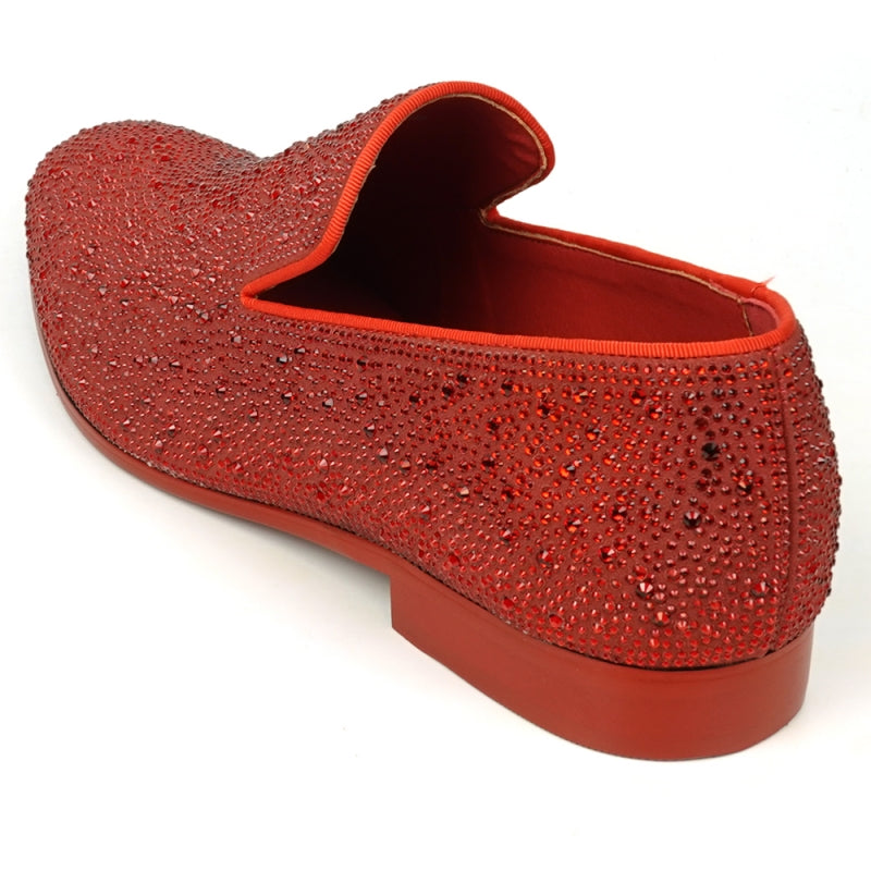 The FI-7525 Red Suede Red Rhinestones Slip-on Loafer by Fiesso is elegantly embellished with shiny rhinestones, making it perfect for adding a touch of sparkle.