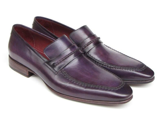 Paul Parkman presents the Purple Loafers Handmade Slip-On Shoes (model 068-PURP), featuring polished purple leather with braided detailing and low heels, expertly crafted as made-to-order men's slip-on shoes.