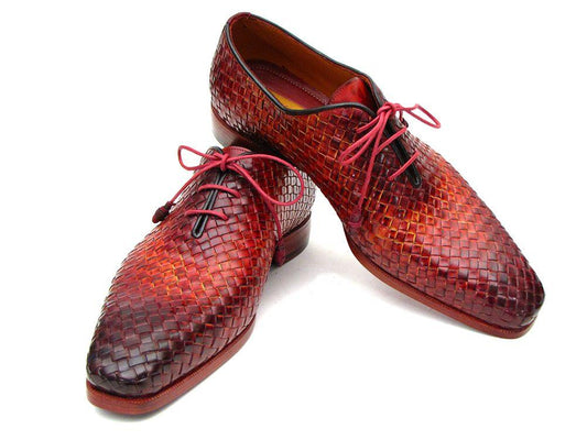 Explore our exquisite Paul Parkman Bordeaux & Tobacco woven leather oxfords, featuring a pair of red laces and elegantly crafted by hand.