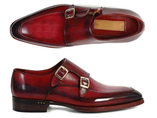 A pair of sleek double monkstrap shoes in rich Bordeaux hand-painted leather, crafted by Paul Parkman in the style of the PP3851 model.