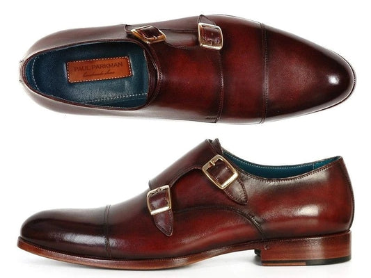The Paul Parkman Captoe Double Monkstraps in Dark Brown - 045-BRL, featuring wooden soles, are showcased from a top and side view to highlight their exceptional craftsmanship.