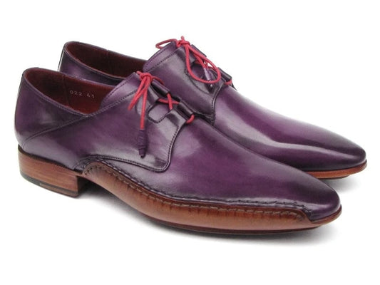 These Paul Parkman Ghillie Lacing Handsewn Shoes in purple, product code 022-PURP, are couture-level creations featuring striking red laces and elegant brown wooden soles.