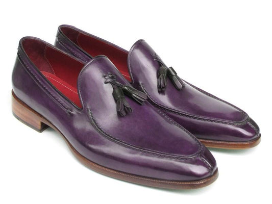 The Paul Parkman Tassel Loafer in Purple Hand Painted Leather - 083-PURP, from the brand Paul Parkman, showcases a sleek design with red inner lining and wooden soles, offering a perfect blend of style and craftsmanship.