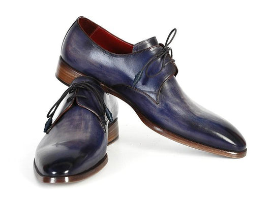 A pair of Paul Parkman Blue & Navy Hand-Painted Derby Shoes, featuring polished leather with laces, a wooden heel, and a red interior lining in a classic style.