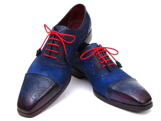 Paul Parkman Captoe Oxfords in blue suede feature handcrafted detailing, red laces, brogue accents, and a sophisticated design.