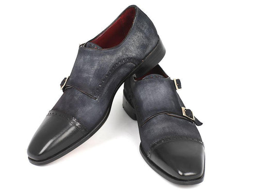 The Paul Parkman Captoe Double Monkstraps Navy Suede - FK77W are stylish, handcrafted leather dress shoes with a dark blue textured finish, polished black cap toes, and elegant double monk straps.