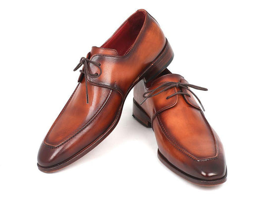The Paul Parkman Brown Leather Apron Derby Shoes - 33SX92, featuring a brown hand-painted calfskin with laces and a polished finish, are set against a white background.