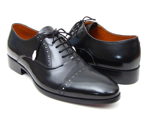 A pair of made-to-order Paul Parkman Captoe Oxfords in polished black leather, featuring an elegant captoe design.