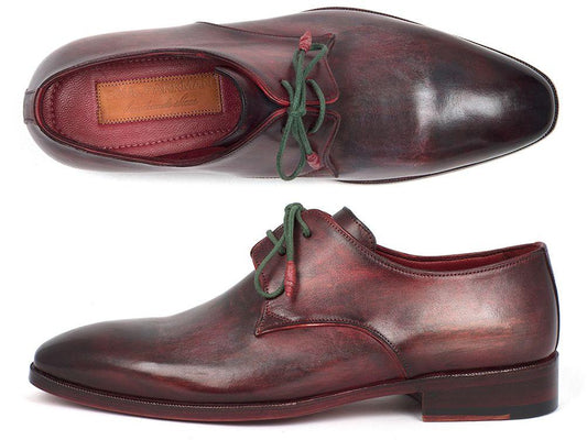 The Paul Parkman Mixed Color Derby Shoes - DB59MX, crafted from hand-painted burgundy leather and featuring green laces, are displayed from both a top view and a side view.