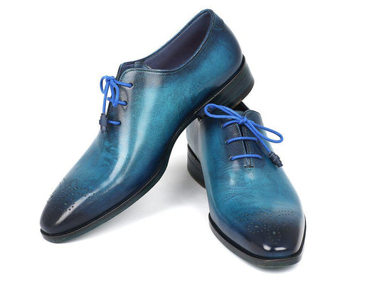 Paul Parkman Blue & Navy Medallion Toe Oxfords (VN82BL), featuring perforated details and blue laces, crafted from hand-painted leather, displayed on a white background.