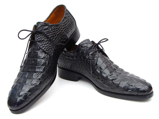 Introducing the Paul Parkman Black Crocodile Embossed Calfskin Derby Shoes (1438BLK), an elegant, custom-made pair crafted from crocodile-embossed leather with laces.
