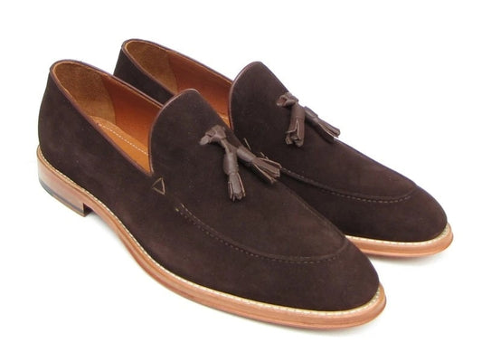 These Paul Parkman Tassel Loafer Brown Suede Shoes - 087-BRW feature a dark brown suede upper, accented with tan soles and stitching for a classic look.