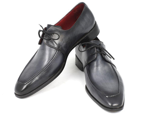 Paul Parkman Gray & Black Apron Derby Shoes - 13SX51 by Paul Parkman, crafted from hand-painted calfskin in black with laces. They feature a pointed toe and visible stitching in a subtle Bordeaux patina, displayed on a plain white background.