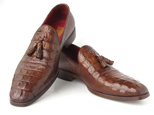 Paul Parkman Brown Crocodile Embossed Calfskin Tassel Loafer - PP2281-BRW tastefully showcased against a white backdrop.