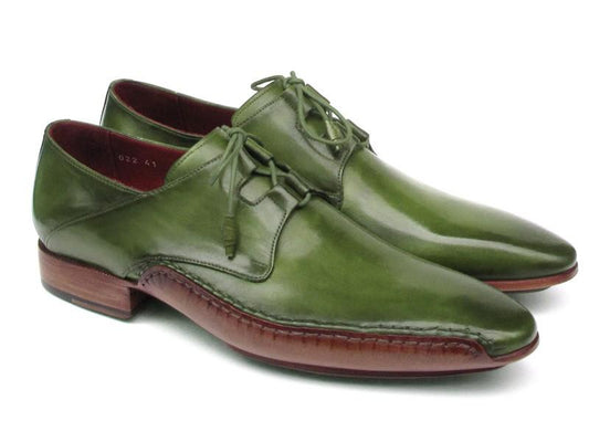 These Paul Parkman Ghillie Lacing Handsewn Shoes Green - 022-GREEN are couture-level creations, featuring shiny green leather with wooden heels and a lace-up closure, complemented by exquisite stitched detailing.
